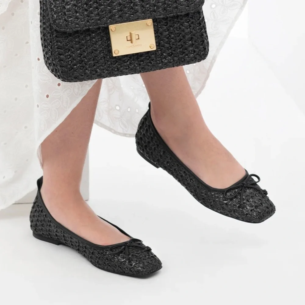 Eric Javits Black Ballet Flats Natural Parris Raffia Shoe Size 9.5